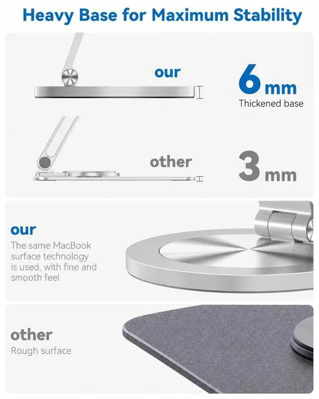 Alt view image 4 of 7 - Phone Stand for Desk, 360° Rotating Dual Adjustable Foldable Holder, Heavy Solid All-Aluminum Base Anti-Slip Stable Support for Home Office Study, Fits iPhone Galaxy 4-8" Phones (Silver)