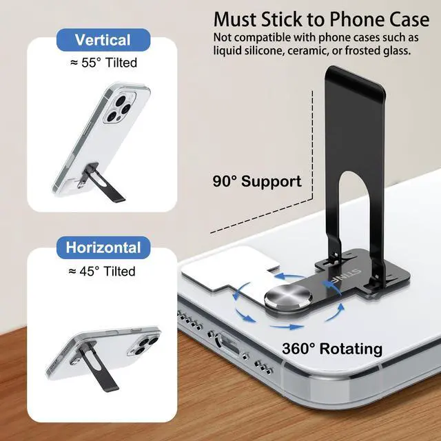 Alt view image 4 of 7 - Phone Slim Kickstand, Ultra Thin Vertical and Horizontal 360° Rotating Universal Steel Metal Stable Stand Pocket Friendly Sticky Holder for iPhone Samsung Cellphone Case (Black 2-Pack)