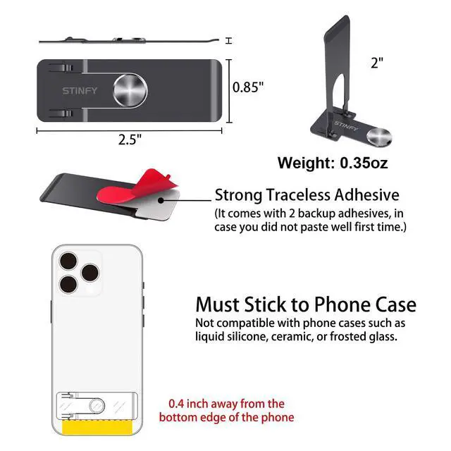 Alt view image 7 of 7 - Phone Slim Kickstand, Ultra Thin Vertical and Horizontal 360° Rotating Universal Steel Metal Stable Stand Pocket Friendly Sticky Holder for iPhone Samsung Cellphone Case (Black 2-Pack)