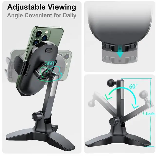 Alt view image 2 of 6 - Cell Phone Stand for Desk with 360° Ball Head Swivel, Sturdy Heavy Duty Tripod Base, Thick Case Friendly, Home Office Desk Accessories Phone Stand for iPhone Android Phones