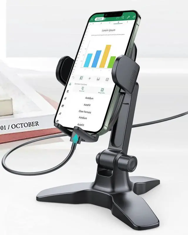 Alt view image 5 of 6 - Cell Phone Stand for Desk with 360° Ball Head Swivel, Sturdy Heavy Duty Tripod Base, Thick Case Friendly, Home Office Desk Accessories Phone Stand for iPhone Android Phones