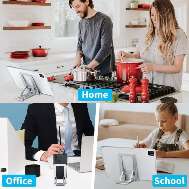 Alt view image 6 of 7 - Cell Phone Stand for iPhone 17 Pro Max 17e 16e 16 15 14 13 for Samsung S26 Ultra S25 S23 A17 A16 Pixel 10a Aluminum Adjustable Cradle Holder Tablet Kickstand for iPad mini Air Desk Home Office,Silver