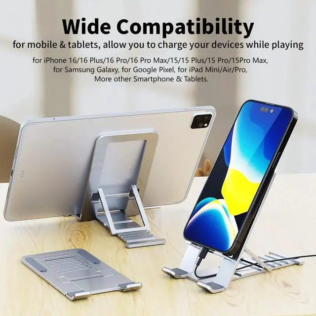 Alt view image 2 of 7 - Cell Phone Stand for iPhone 17 Pro Max 17e 16e 16 15 14 13 for Samsung S26 Ultra S25 S23 A17 A16 Pixel 10a Aluminum Adjustable Cradle Holder Tablet Kickstand for iPad mini Air Desk Home Office,Silver