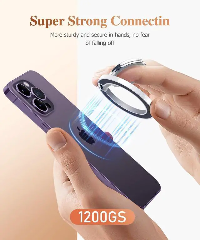 Alt view image 2 of 6 - Magnetic Phone Ring Holder, Compatible with MagSafe Phone Grip with Adjustable Stand, Magnet Phone Ring Kickstand for iPhone 17/16/15/14/13/12 Pro Max Plus Air/Other Phones (Glitter/Silver)