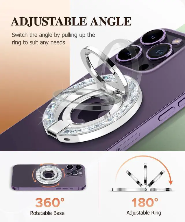 Alt view image 3 of 6 - Magnetic Phone Ring Holder, Compatible with MagSafe Phone Grip with Adjustable Stand, Magnet Phone Ring Kickstand for iPhone 17/16/15/14/13/12 Pro Max Plus Air/Other Phones (Glitter/Silver)