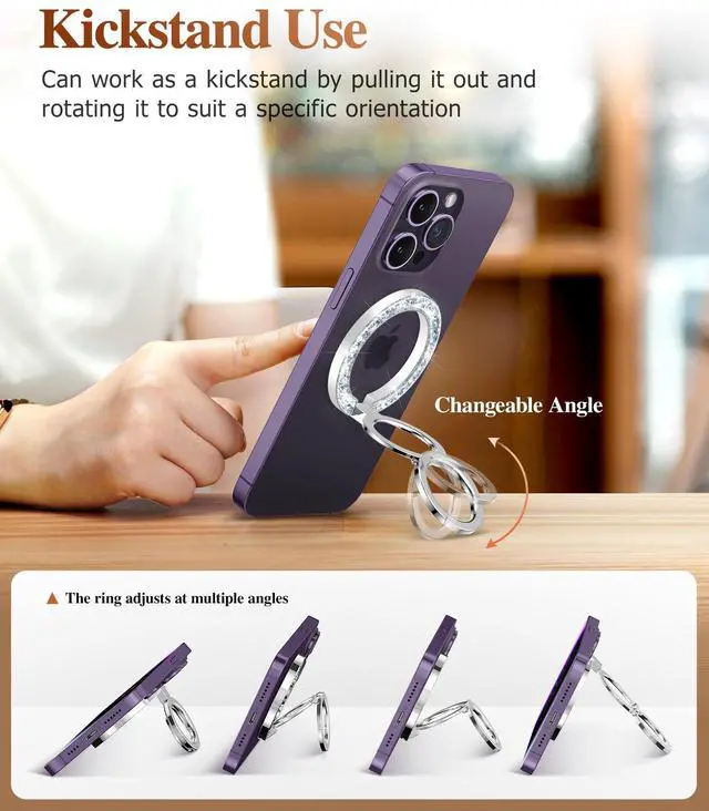Alt view image 4 of 6 - Magnetic Phone Ring Holder, Compatible with MagSafe Phone Grip with Adjustable Stand, Magnet Phone Ring Kickstand for iPhone 17/16/15/14/13/12 Pro Max Plus Air/Other Phones (Glitter/Silver)