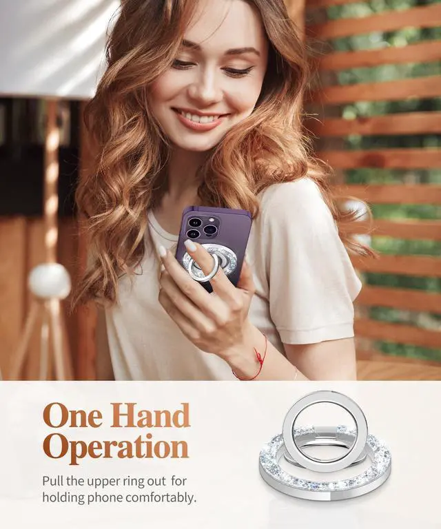Alt view image 6 of 6 - Magnetic Phone Ring Holder, Compatible with MagSafe Phone Grip with Adjustable Stand, Magnet Phone Ring Kickstand for iPhone 17/16/15/14/13/12 Pro Max Plus Air/Other Phones (Glitter/Silver)