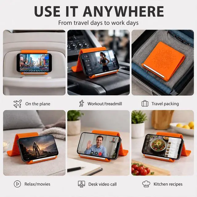 Alt view image 5 of 7 - Airplane Phone Holder, Portable Foldable Silicone Aluminum Phone Holder,Textured Non-Slip Surface Flexible Silicone Tablet Stand 0.12" Ultra-Thin Desktop Mount for Home Office Travel Treadmill