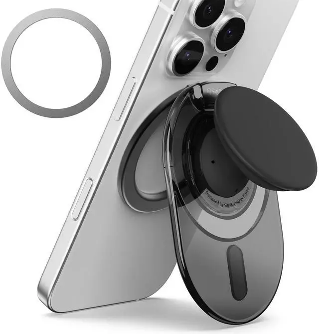 Main image of Phone Grip Stand, Compatible with MagSafe, Adaptor Ring Included, 3000G Kickstand for iPhone 17/16/15/14/13. M-Tap Tok Stand Clear Black