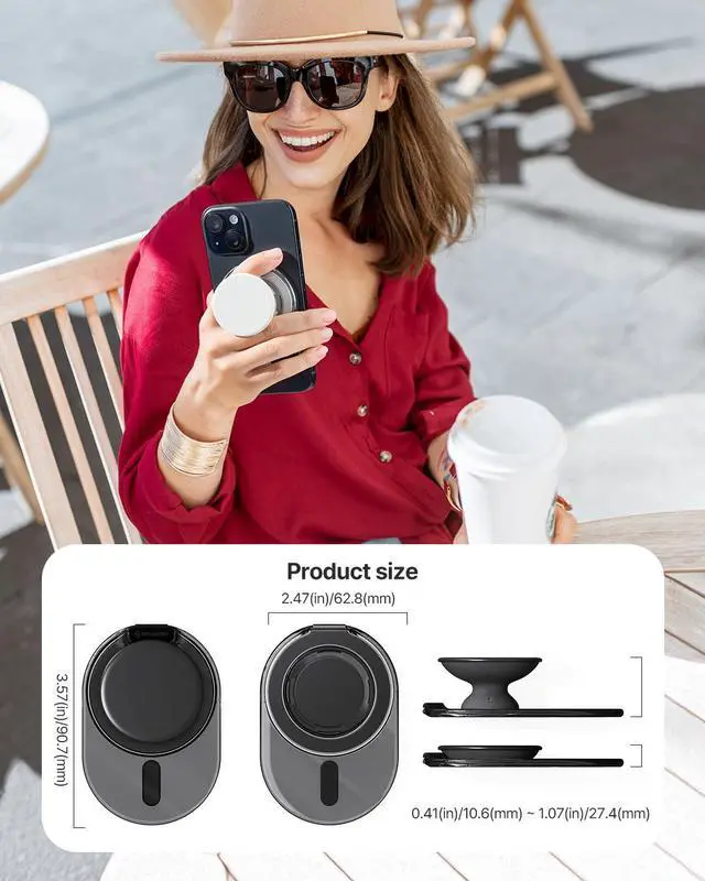 Alt view image 6 of 7 - Phone Grip Stand, Compatible with MagSafe, Adaptor Ring Included, 3000G Kickstand for iPhone 17/16/15/14/13. M-Tap Tok Stand Clear Black