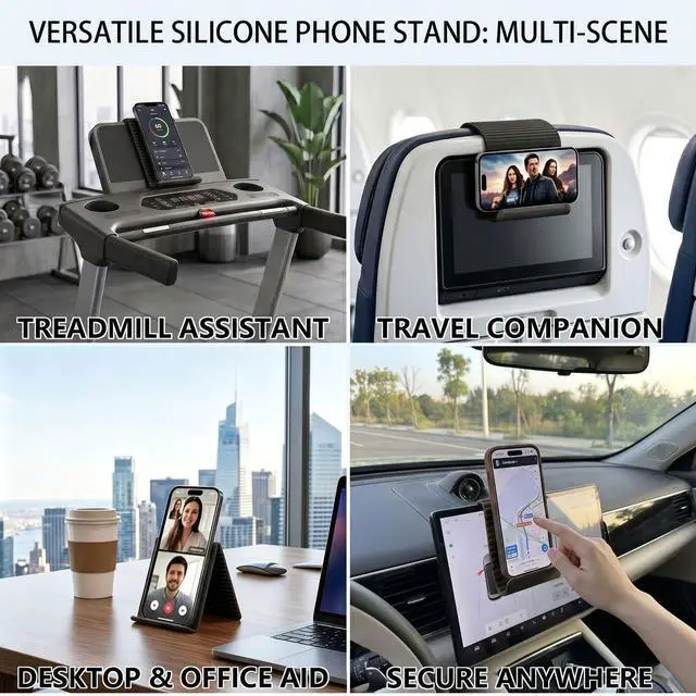 Alt view image 6 of 7 - Treadmill Foldable Silicone Aluminum Phone Stand, Adjustable Anti-Slip Flexible Silicone Phone Holder, Folded into Any Shape, Airplane Cellphone Holder for Seat Back,Office Travel (Black)