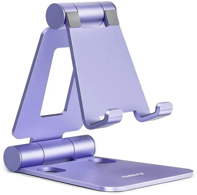 Main image of Dual Folding Cell Phone Stand, Fully Adjustable Foldable Desktop Phone Holder Cradle Dock Compatible with iPhone 17 16 15 14 13 12 11 Pro Max Xs Xr X 8, Nintendo Switch, All Phones - Purple