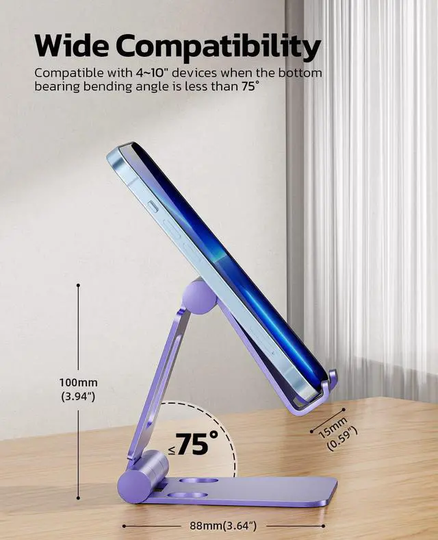 Alt view image 2 of 6 - Dual Folding Cell Phone Stand, Fully Adjustable Foldable Desktop Phone Holder Cradle Dock Compatible with iPhone 17 16 15 14 13 12 11 Pro Max Xs Xr X 8, Nintendo Switch, All Phones - Purple