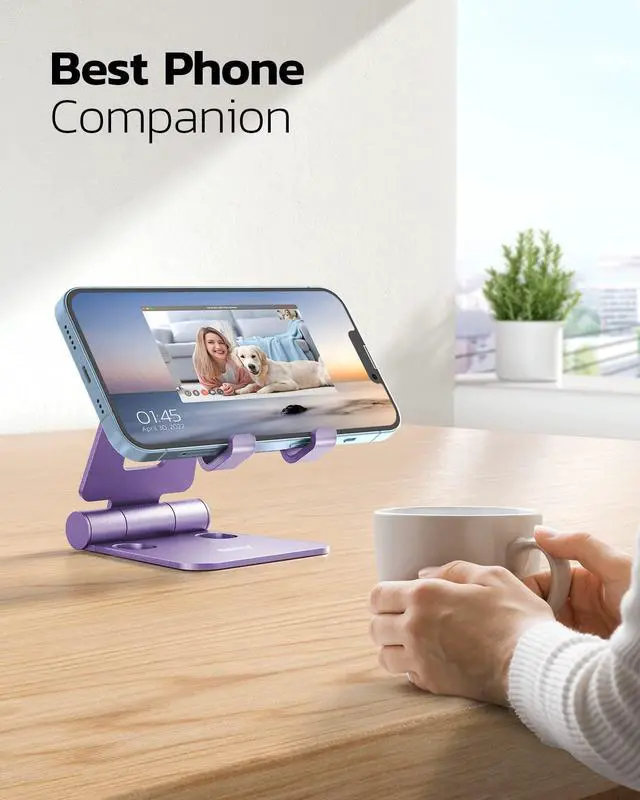 Alt view image 6 of 6 - Dual Folding Cell Phone Stand, Fully Adjustable Foldable Desktop Phone Holder Cradle Dock Compatible with iPhone 17 16 15 14 13 12 11 Pro Max Xs Xr X 8, Nintendo Switch, All Phones - Purple