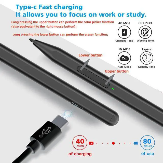 Alt view image 3 of 7 - Stylus Pen for Microsoft Surface Pro11/10/9/8/X/7+/6/5/4, Surface Go 4/3/2/1, Surface Laptop1-5/Studio/Book 3/2/1 with Eraser Side Button,Palm Rejection,Tilt Function,1024 Pressure