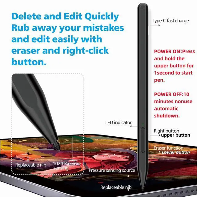 Alt view image 5 of 7 - Stylus Pen for Microsoft Surface Pro11/10/9/8/X/7+/6/5/4, Surface Go 4/3/2/1, Surface Laptop1-5/Studio/Book 3/2/1 with Eraser Side Button,Palm Rejection,Tilt Function,1024 Pressure