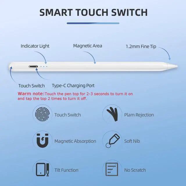 Alt view image 7 of 7 - Stylus Pen for iPad 2018-2026 with Palm Rejection, Faster Charge, Tilt Sensitivity iPad Pencil Compatible with A16 11/10/9/8/7/6, Pro M5/M4/12.9"/11", Air M4/M3/M2/5th/4th, Mini 6/5 (White)