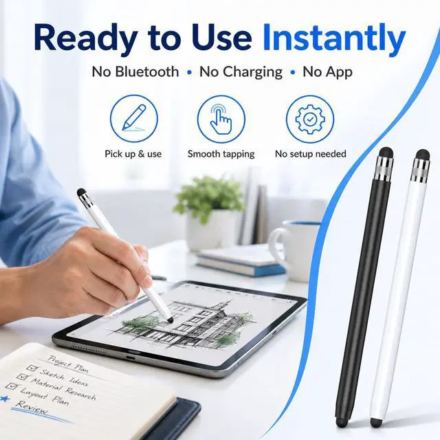 Alt view image 2 of 7 - 2 Packs Stylus Pen for Apple iPad & Touchscreen Devices (Black & White), Dual Tip Rubber, No Bluetooth/No Charging, High Sensitivity Capacitive Magnetic Pencil for iPad iPhone Android Tablets