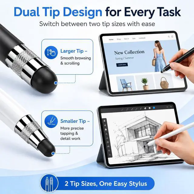 Alt view image 4 of 7 - 2 Packs Stylus Pen for Apple iPad & Touchscreen Devices (Black & White), Dual Tip Rubber, No Bluetooth/No Charging, High Sensitivity Capacitive Magnetic Pencil for iPad iPhone Android Tablets