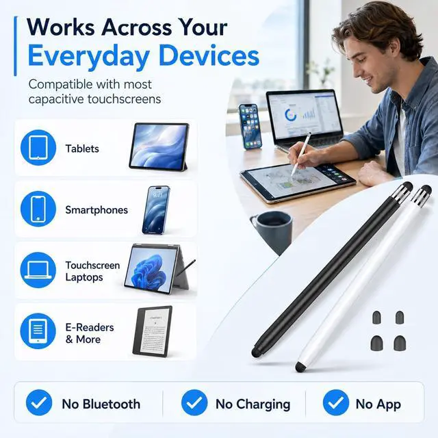 Alt view image 5 of 7 - 2 Packs Stylus Pen for Apple iPad & Touchscreen Devices (Black & White), Dual Tip Rubber, No Bluetooth/No Charging, High Sensitivity Capacitive Magnetic Pencil for iPad iPhone Android Tablets