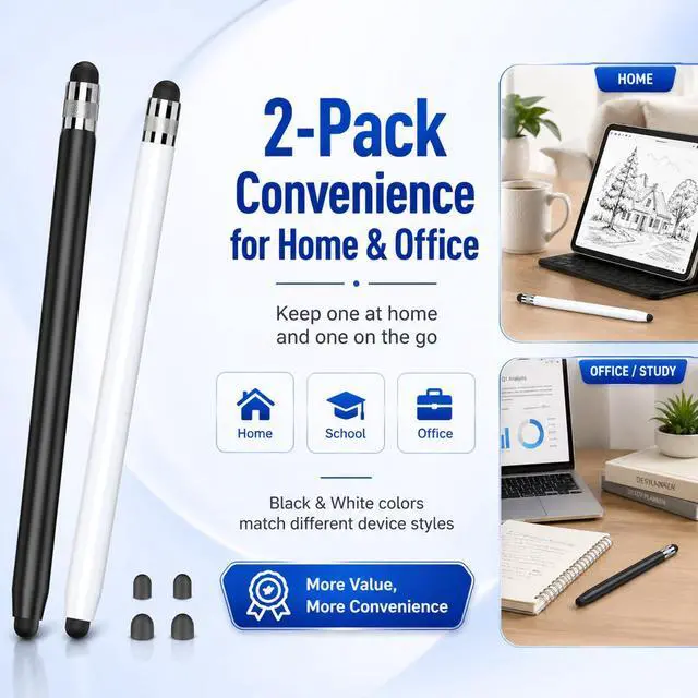 Alt view image 6 of 7 - 2 Packs Stylus Pen for Apple iPad & Touchscreen Devices (Black & White), Dual Tip Rubber, No Bluetooth/No Charging, High Sensitivity Capacitive Magnetic Pencil for iPad iPhone Android Tablets