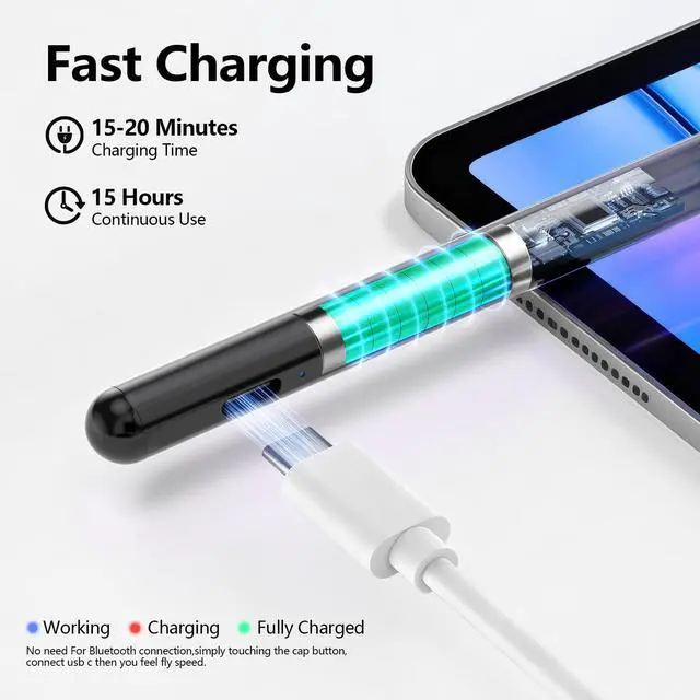 Alt view image 3 of 7 - Stylus Pen for iPad 6th-11th Generation-2X Fast Charge Active Pencil Compatible with 2018-2026 Apple iPad Pro 11"/12.9"/M4, iPad Air 3/4/5/M2/M3/M4,iPad mini 5/6/7 Gen-Black