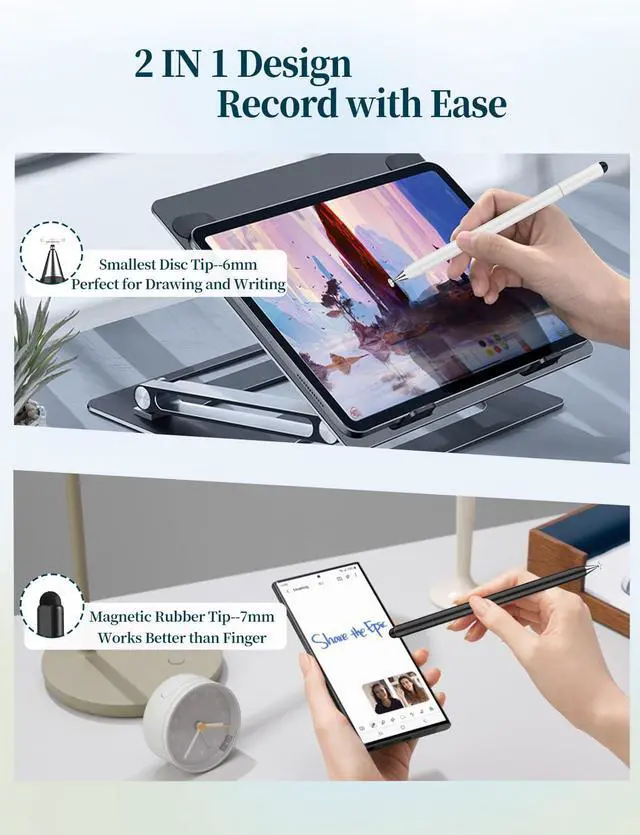 Alt view image 3 of 6 - Stylus Pen for Touchscreen, Magnetic Body & Rotate Design for Hidden Disc Tip, 2-in-1 Stylus for Apple/iPhone/iPad Pro/Android/Tablets/Chromebook, Compatible with All Touch Screens (Black/White)