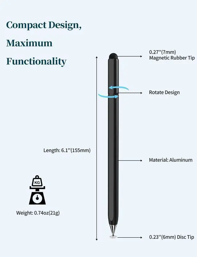 Alt view image 5 of 6 - Stylus Pen for Touchscreen, Magnetic Body & Rotate Design for Hidden Disc Tip, 2-in-1 Stylus for Apple/iPhone/iPad Pro/Android/Tablets/Chromebook, Compatible with All Touch Screens (Black/White)