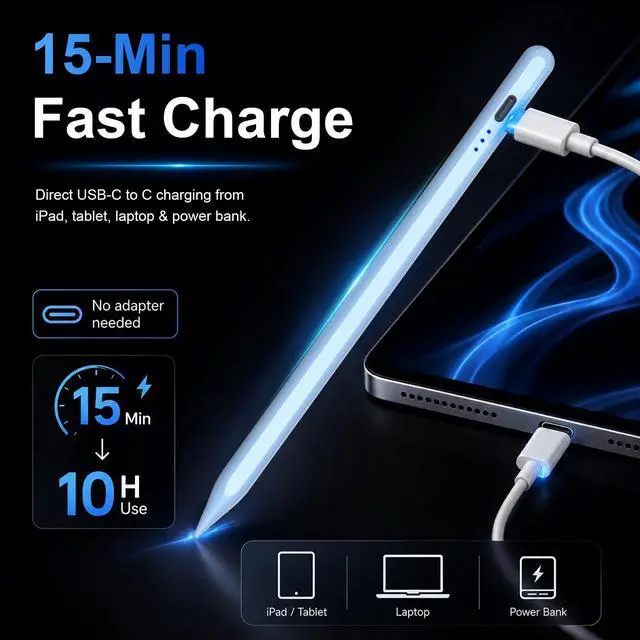Alt view image 2 of 7 - Stylus Pen for iPad 2018-2026, 15 Min Fast Charge iPad Pencil 1st Gen with Tilt Sensitivity, Palm Rejection, Magnetic Pen for Apple iPad 6-11, Air 3-5/M2/M3, Mini 5-7, Pro 11/12.9"/M4/M5 (Blue)