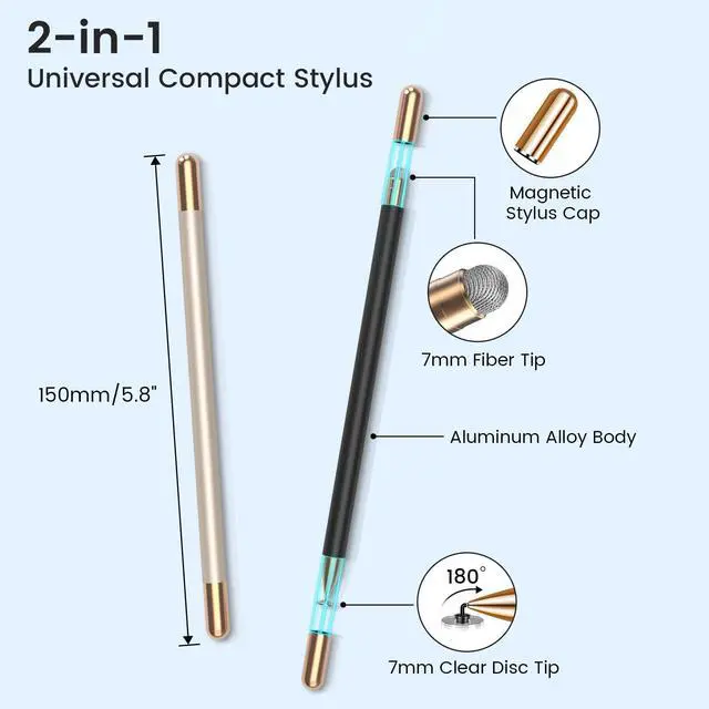 Alt view image 2 of 7 - Universal Stylus Pen for Touchscreen iPhone iPad Android Tablet Apple Kindle Switch 2 Chromebook Galaxy All Touch Screens, 2-in-1 High Sensitivity Fiber & Disc Stylus Pens Magnetic Cap