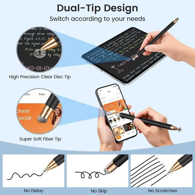 Alt view image 3 of 7 - Universal Stylus Pen for Touchscreen iPhone iPad Android Tablet Apple Kindle Switch 2 Chromebook Galaxy All Touch Screens, 2-in-1 High Sensitivity Fiber & Disc Stylus Pens Magnetic Cap