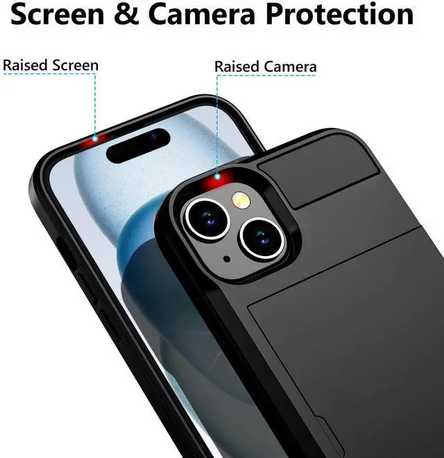 Alt view image 5 of 7 - Compatible with iPhone 15 Case with Card Holder, Dual Layer Shockproof Wallet Phone Case, Hidden Card Slot Sliding Protective Hard Shell Back Cover Slim Case for iPhone 15, 6.1 Inch Black