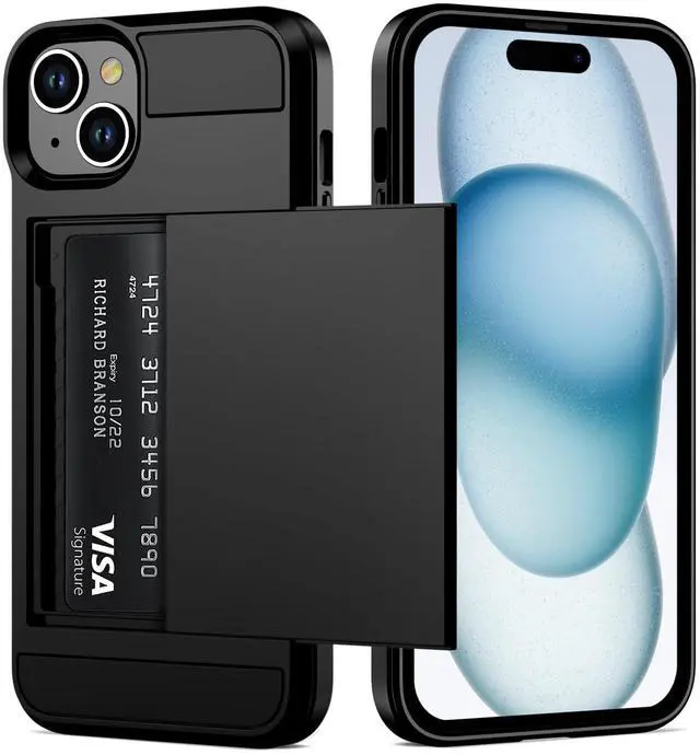 Main image of Compatible with iPhone 15 Case with Card Holder, Dual Layer Shockproof Wallet Phone Case, Hidden Card Slot Sliding Protective Hard Shell Back Cover Slim Case for iPhone 15, 6.1 Inch Black