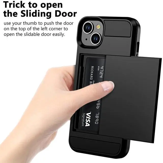 Alt view image 3 of 7 - Compatible with iPhone 15 Case with Card Holder, Dual Layer Shockproof Wallet Phone Case, Hidden Card Slot Sliding Protective Hard Shell Back Cover Slim Case for iPhone 15, 6.1 Inch Black