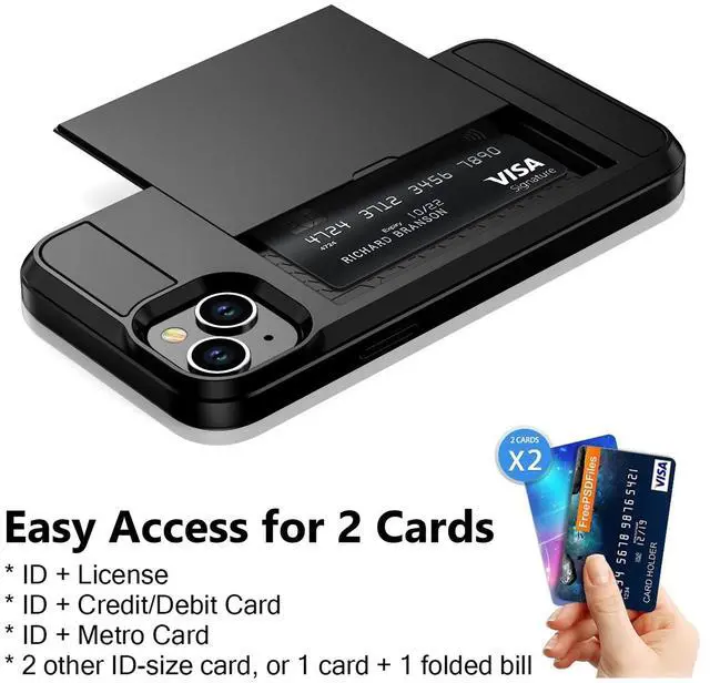 Alt view image 4 of 7 - Compatible with iPhone 15 Case with Card Holder, Dual Layer Shockproof Wallet Phone Case, Hidden Card Slot Sliding Protective Hard Shell Back Cover Slim Case for iPhone 15, 6.1 Inch Black