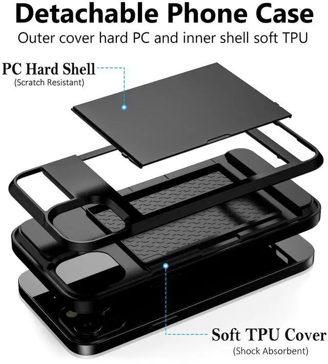 Alt view image 2 of 7 - Compatible with iPhone 15 Case with Card Holder, Dual Layer Shockproof Wallet Phone Case, Hidden Card Slot Sliding Protective Hard Shell Back Cover Slim Case for iPhone 15, 6.1 Inch Black