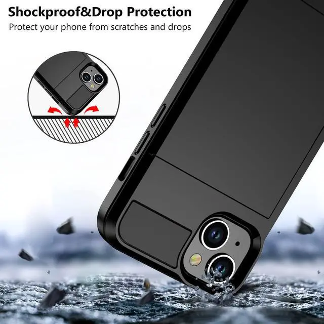 Alt view image 6 of 7 - Compatible with iPhone 15 Case with Card Holder, Dual Layer Shockproof Wallet Phone Case, Hidden Card Slot Sliding Protective Hard Shell Back Cover Slim Case for iPhone 15, 6.1 Inch Black