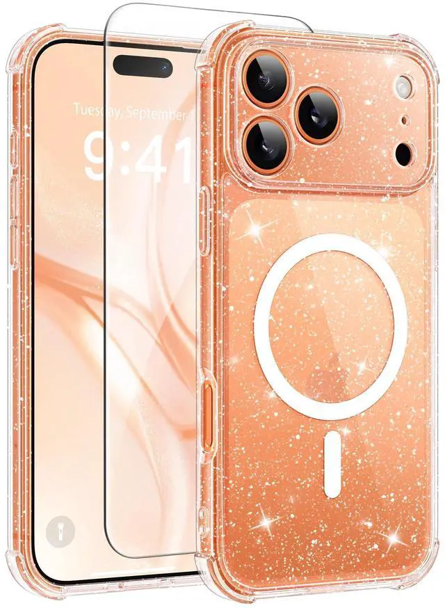 Main image of for iPhone 17 Pro Max Case for Women, Compatible with MagSafe, Clear Glitter Shockproof Protective Case, Anti-Yellowing, with Screen Protector & 3 Diamond Camera Lens Covers 6.9", Sparkle Clear