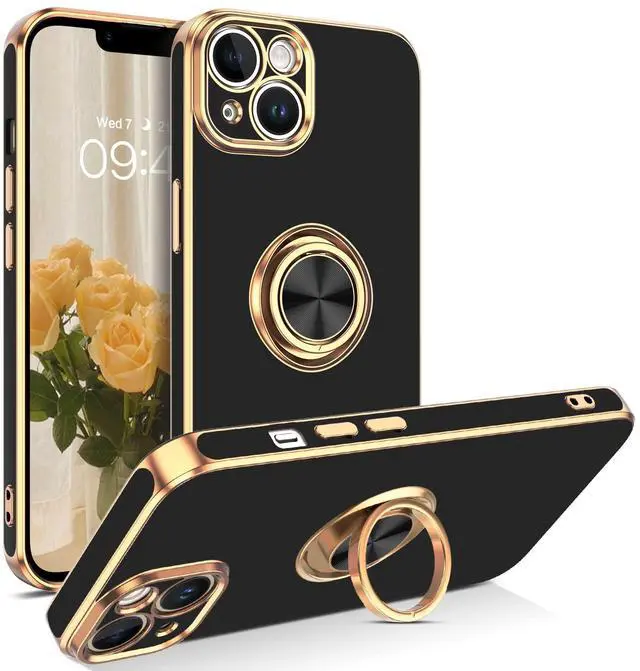 Main image of iPhone 14 Case,Phone Case for iPhone 14,Slim Fit Soft 360° Ring Holder Kickstand Magnetic Car Mount Supported Easy Clean Shockproof Protective Cover for iPhone 14 6.1" 2022, Black/Golden