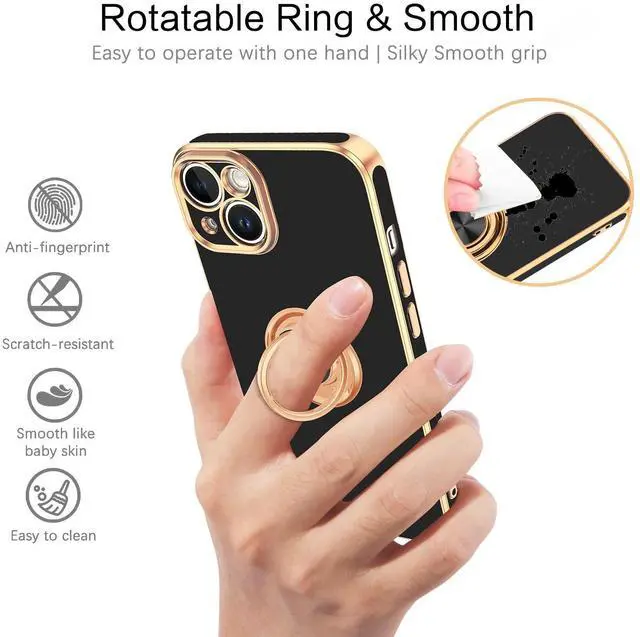 Alt view image 2 of 7 - iPhone 14 Case,Phone Case for iPhone 14,Slim Fit Soft 360° Ring Holder Kickstand Magnetic Car Mount Supported Easy Clean Shockproof Protective Cover for iPhone 14 6.1" 2022, Black/Golden