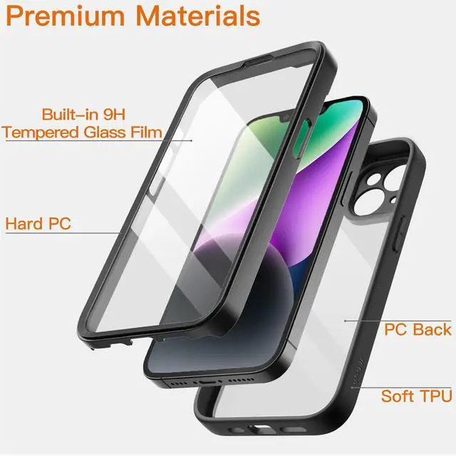 Alt view image 3 of 7 - Case for iPhone 14 6.1-Inch with Built-in Tempered Glass Screen Protector, Camera Full Cover All-Around Protection, Shockproof Bumper Phone Cover Clear Back, HD Film (Black)
