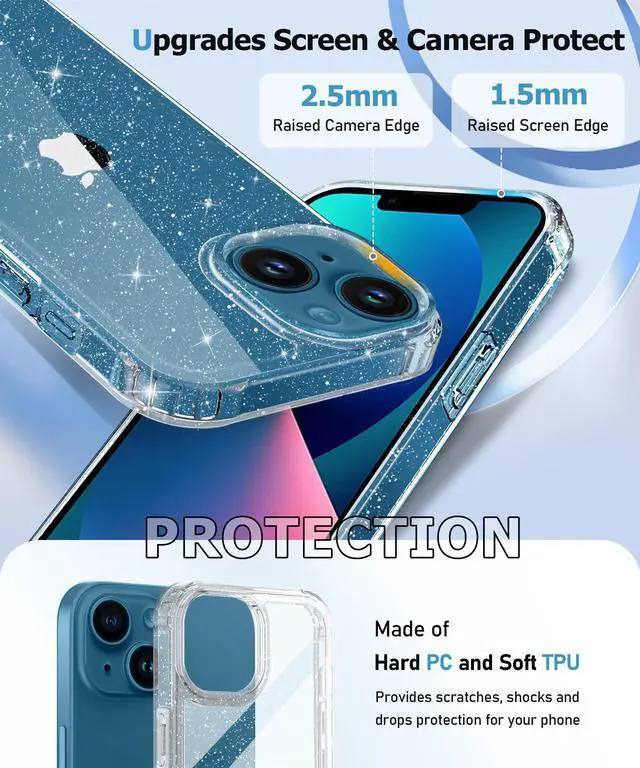Alt view image 6 of 7 - Compatible with iPhone 13 Case with Screen Protector + Camera Lens Protector, Clear Glitter Shockproof Protective Phone Case, Slim Women Girls iPhone 13 Cover 6.1 inch - Sparkle Clear
