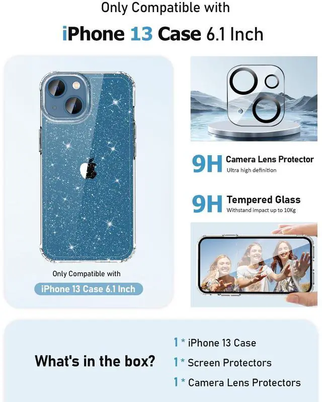 Alt view image 2 of 7 - Compatible with iPhone 13 Case with Screen Protector + Camera Lens Protector, Clear Glitter Shockproof Protective Phone Case, Slim Women Girls iPhone 13 Cover 6.1 inch - Sparkle Clear