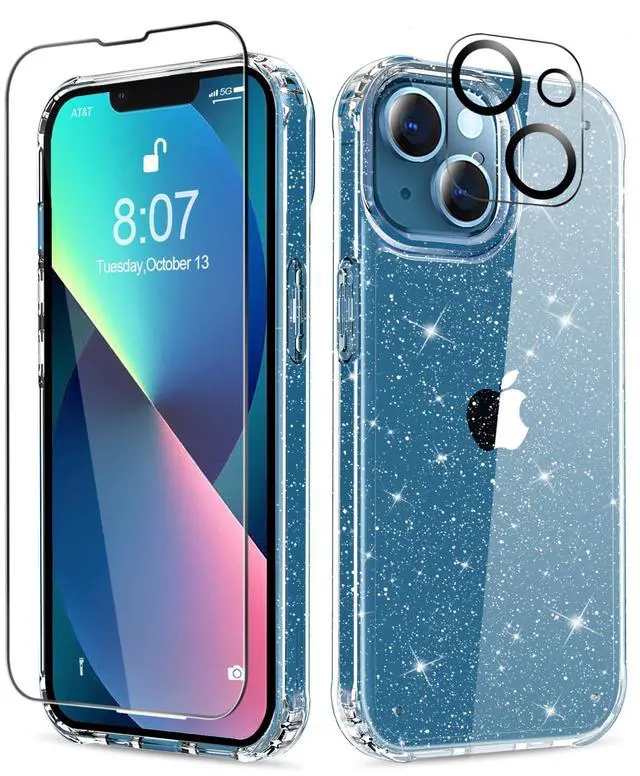 Main image of Compatible with iPhone 13 Case with Screen Protector + Camera Lens Protector, Clear Glitter Shockproof Protective Phone Case, Slim Women Girls iPhone 13 Cover 6.1 inch - Sparkle Clear