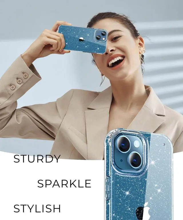 Alt view image 5 of 7 - Compatible with iPhone 13 Case with Screen Protector + Camera Lens Protector, Clear Glitter Shockproof Protective Phone Case, Slim Women Girls iPhone 13 Cover 6.1 inch - Sparkle Clear
