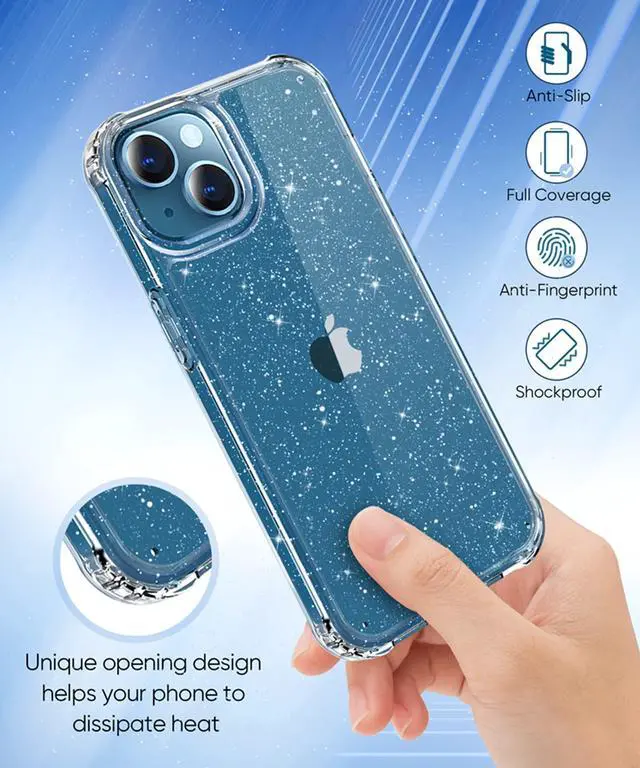 Alt view image 7 of 7 - Compatible with iPhone 13 Case with Screen Protector + Camera Lens Protector, Clear Glitter Shockproof Protective Phone Case, Slim Women Girls iPhone 13 Cover 6.1 inch - Sparkle Clear