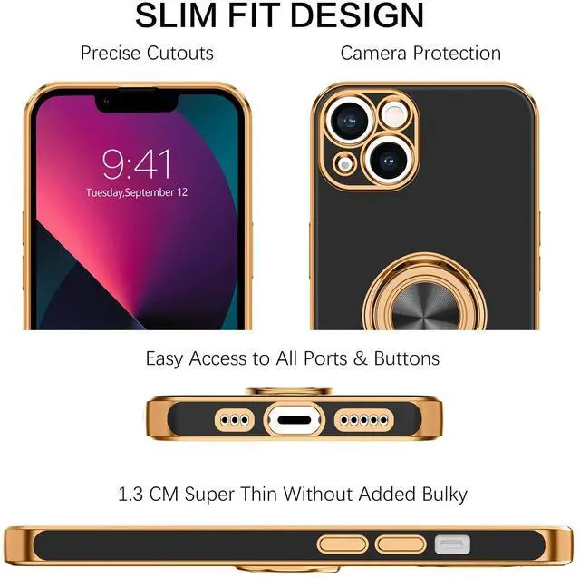 Alt view image 2 of 7 - for iPhone 13 Case, Phone Case iPhone 13, Slim Fit 360° Ring Holder Shockproof Kickstand Magnetic Car Mount Supported Non-Slip Protective Women Girls Men Cover for iPhone 13 6.1 Inch,Black