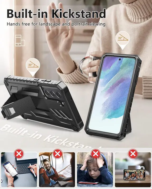 Alt view image 3 of 7 - for Samsung Galaxy S21-FE Protective Case: Dual-Layer Military Grade Drop Proof Full Protection Cover with Kickstand | Durable Rugged Shockproof TPU Matte Textured Tough Phone Bumper Shell (Black)