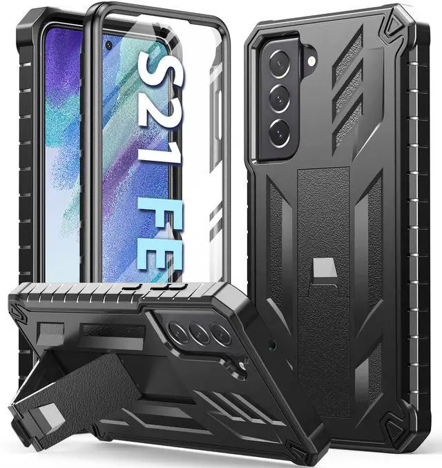 Main image of for Samsung Galaxy S21-FE Protective Case: Dual-Layer Military Grade Drop Proof Full Protection Cover with Kickstand | Durable Rugged Shockproof TPU Matte Textured Tough Phone Bumper Shell (Black)