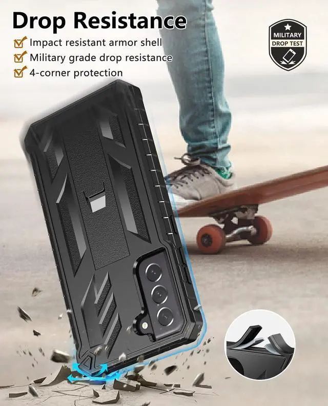 Alt view image 5 of 7 - for Samsung Galaxy S21-FE Protective Case: Dual-Layer Military Grade Drop Proof Full Protection Cover with Kickstand | Durable Rugged Shockproof TPU Matte Textured Tough Phone Bumper Shell (Black)